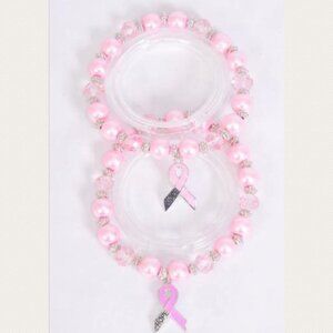 25819 1 Dozen Glass Pearl Crystal Pink Ribbon Hope Bracelet Wholesale